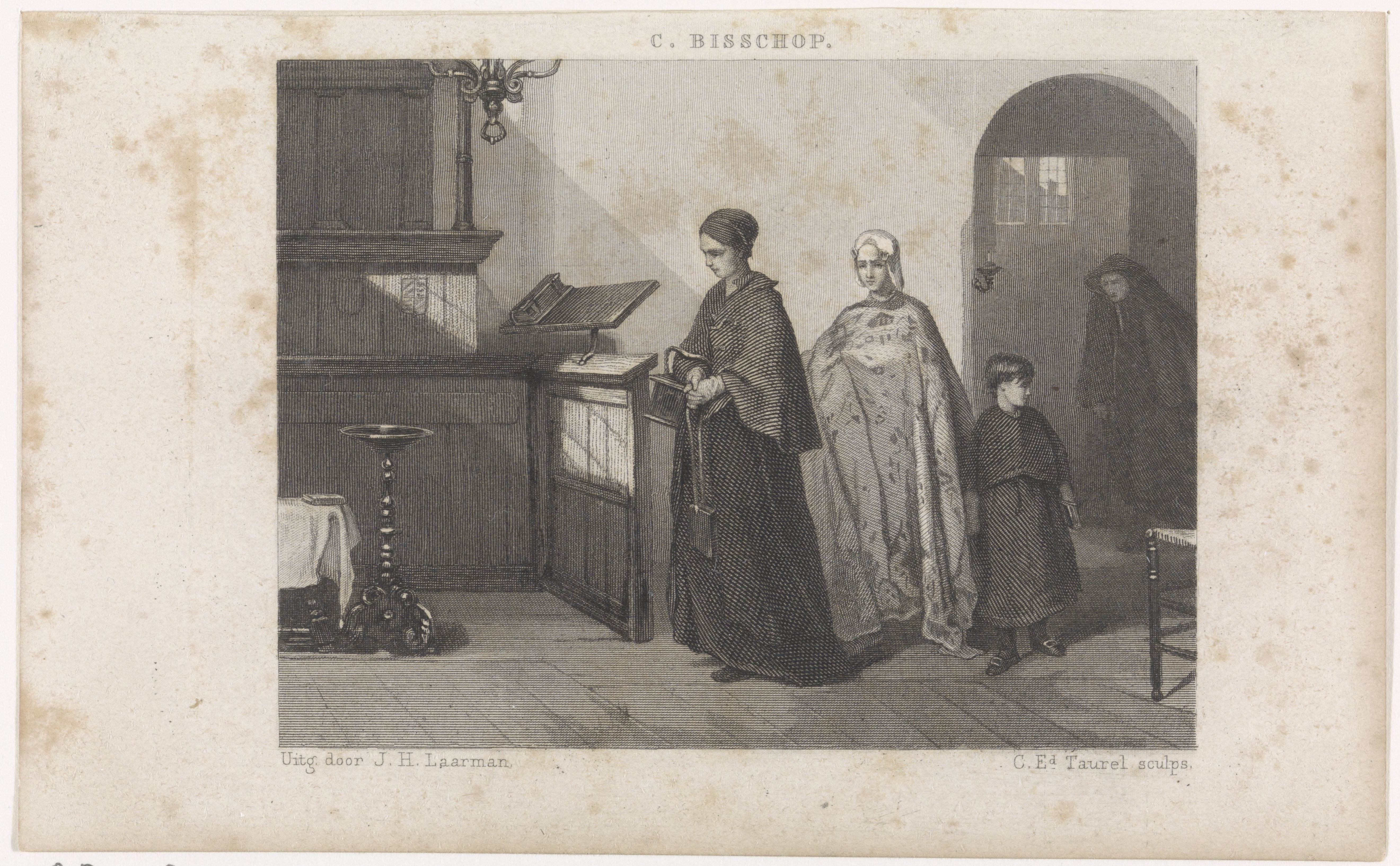 Drie vrouwen en een meisje in een kerkinterieur by Edouard Taurel