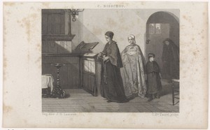 Drie vrouwen en een meisje in een kerkinterieur