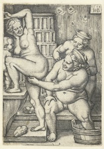 Drie vrouwen in een badhuis