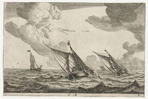 Drie zeilschepen op een ruwe zee