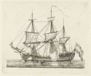 Driemaster met vlag en een roeiboot