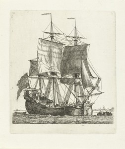 Driemaster met vlag en twee sloepen