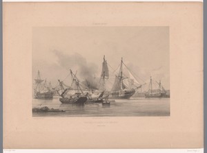 Driemasters worden geladen in de haven