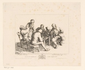 Drinkende boeren rondom een tafel