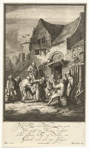 Drinkende en dansende boeren voor herberg