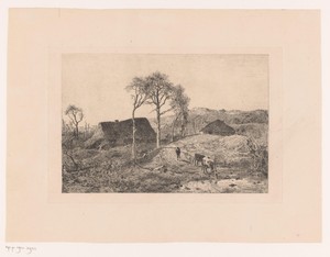 Drinkende koe in landschap met twee boerderijen