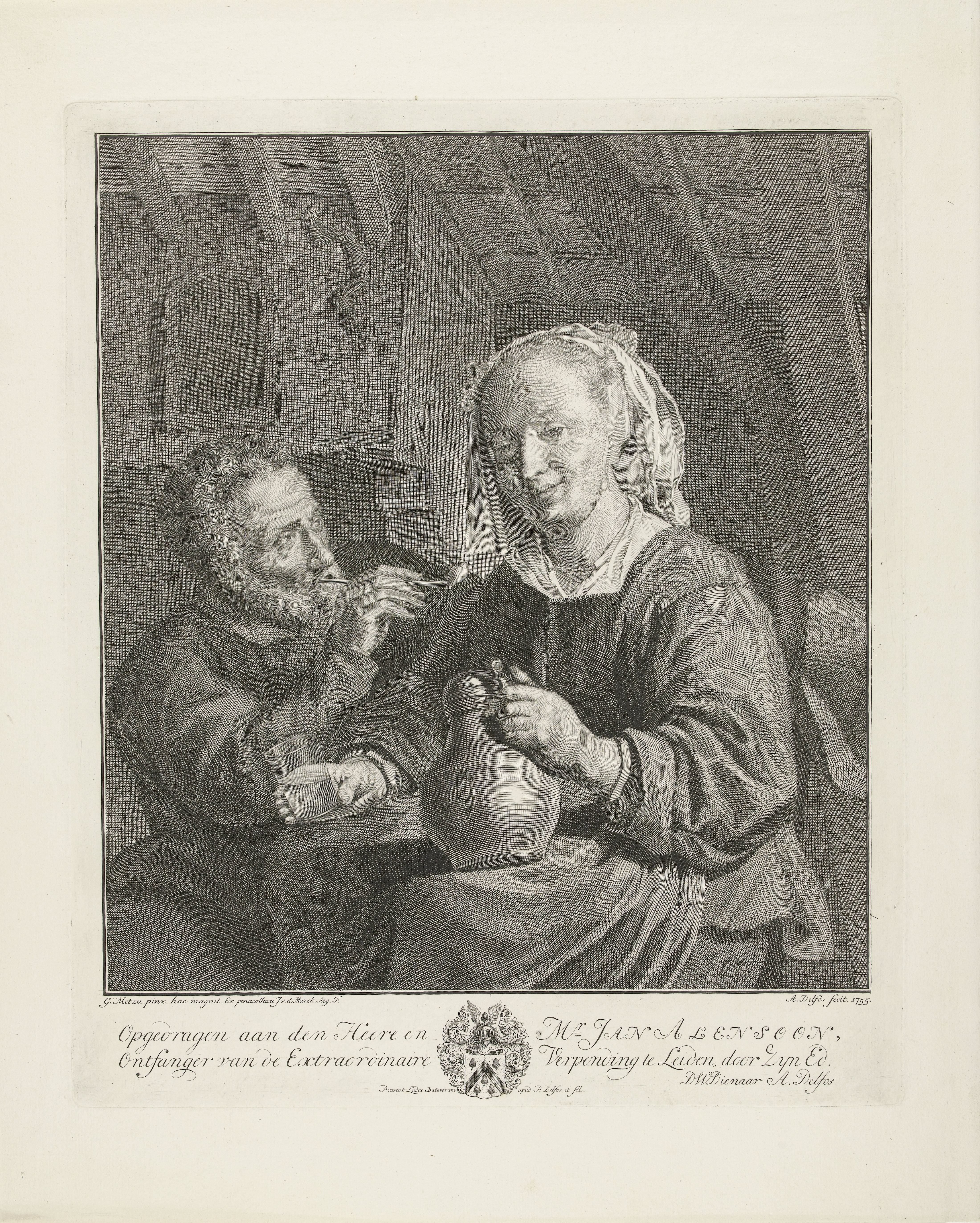 Drinkende vrouw en rokende man by Abraham Delfos