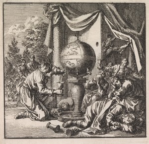 Dronken figuren rond een tap die de vorm van de wereldbol heeft