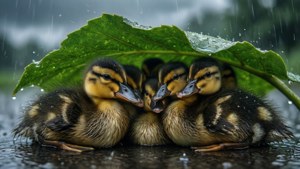 Ducklings Under Leaf