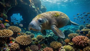 Dugong Over Coral Reef