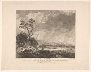 Duinlandschap met figuren langs een pad en een liggend paard