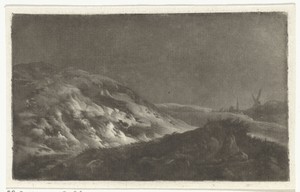 Duinlandschap met in de achtergrond een kerktoren en een molen