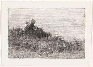Duinlandschap met moeder en kinderen