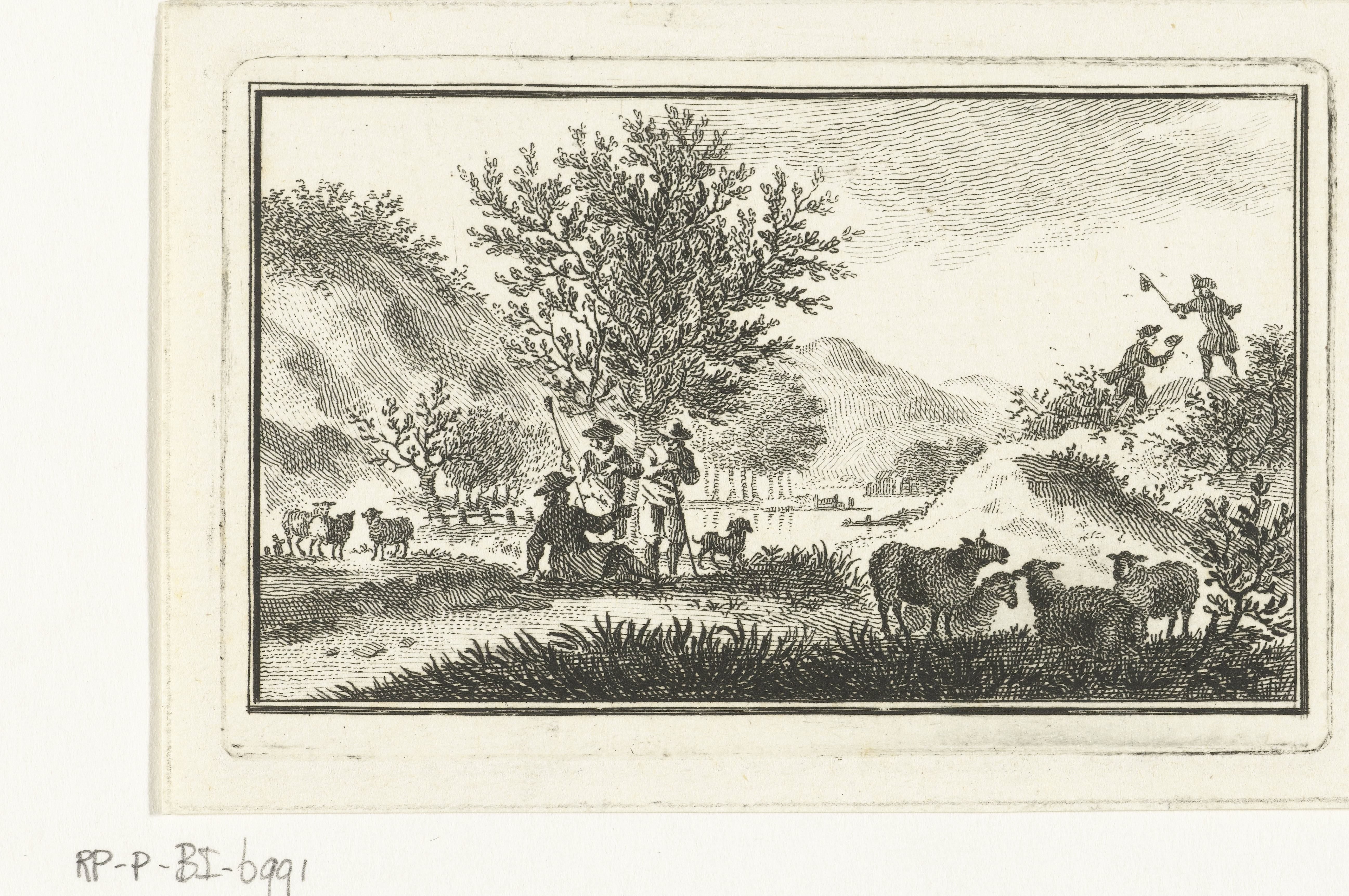 Duinlandschap met rustende herders en mannen die vlinders vangen by Abraham Delfos