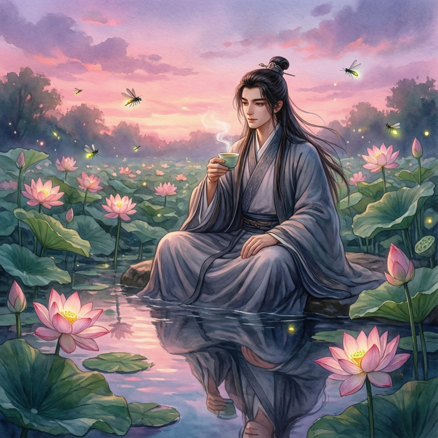 Dusk at the Lotus Pond by Wallpapers.art Studio