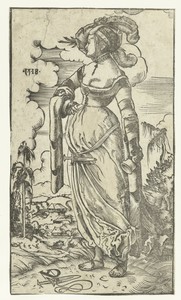 Dwaze maagd met uitgedoofde olielamp in landschap