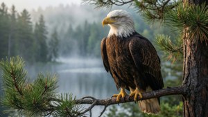 Eagle Over Misty Lake