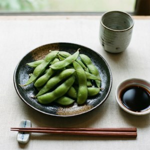 Edamame Flat Lay with Sake