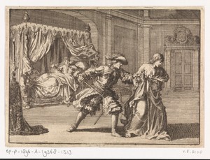 Een als engel verklede Jezuïet wordt ´s nachts ontmaskerd wanneer hij Filips Willem van de Palts tegen ketters wil opstoken, 1687