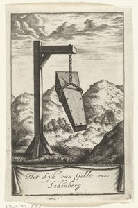Een doodskist hangt aan een galg