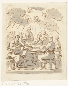 Een gezelschap van acht lofzingende personen rondom een tafel
