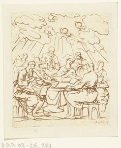 Een gezelschap van acht lofzingende personen rondom een tafel
