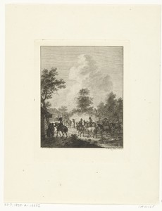Een groep cavaleriepaarden bij een herberg