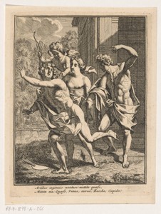 Een jonge man vlucht voor Bacchus, Venus en Amor