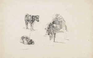 Een kalf, hond en paard met wagen