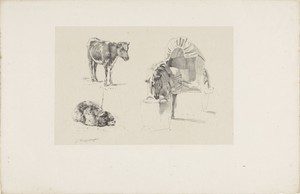 Een kalf, hond en paard met wagen