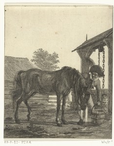Een man en een paard bij een put