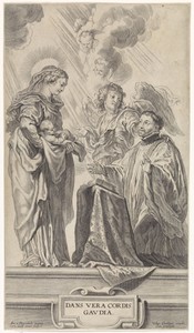Een onbekende heilige (Ignatius van Loyola?) knielt voor Maria met kind