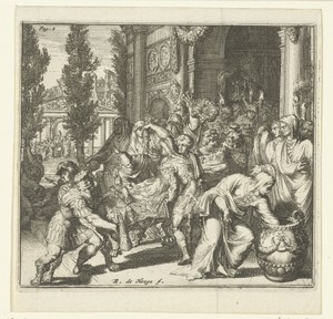 Een overleden vorst wordt op een draagbaar een Romeins gebouw in- of uitgedragen.