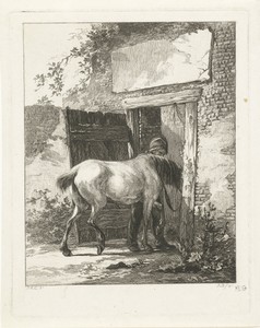 Een staljongen brengt een paard op stal