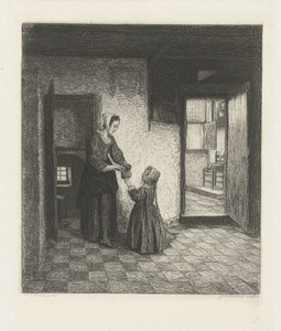 Een vrouw met een kind in een kelderkamer