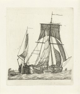 Een zeilschip met sloep op de golven