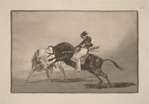 El mismo Ceballos montado sobre otro toro quiebra rejones en la plaza de Madrid (The Same Ceballos Mounted on Another Bull Breaks Short Spears in the Ring at Madrid)