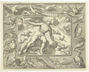 Element lucht als jonge man op wolken tussen vliegende vogels