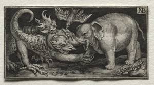 Elephant  Fighting two Beasts