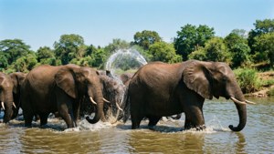Elephant Herd River Crossing