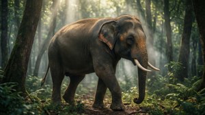 Elephant in Misty Forest