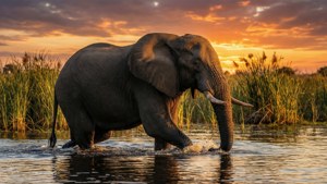 Elephant Wading at Sunset