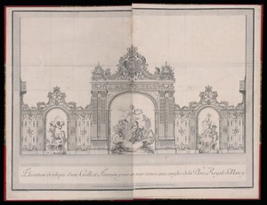 Elevation developée d'une Grille et Fontaine posée en tour creuse aux angles de la Place Royale de Nancy
