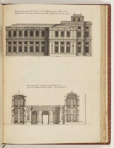 Elevation du costé de la Maison et de l’edifice de Monsr. Jabba coe il a esté proietté et comme estoit la premiere pensée de l’Architecte (Upper Plate) / Elevation de la demy Lune du dedans de la Cour de l’Edifice de Monsr. Jabba. (Lower Plate)