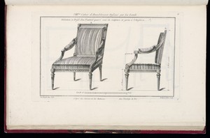 Elévation et Profil d'un Fauteuil quarré orné de Sculpture et garni à l'Angloise