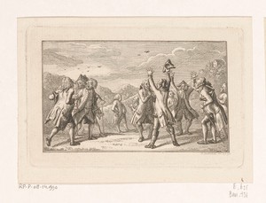 Elf hevig gesticulerende mannen in een landschap