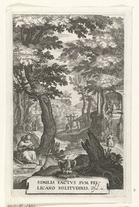 Embleem met kluizenaar en gelovigen die zich wijden aan meditatie