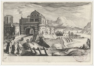 Emmäusgangers voor een stadspoort in een berglandschap
