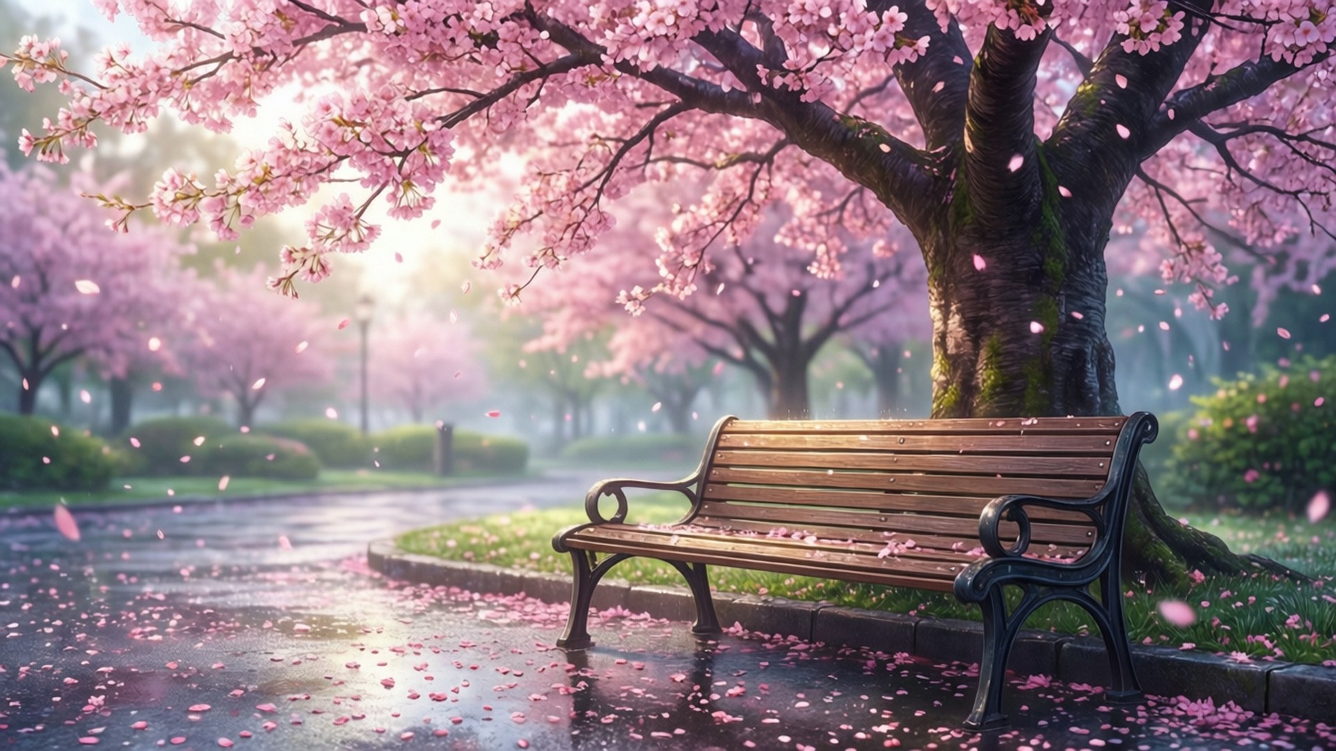 Empty Bench Petals by Wallpapers.art Studio