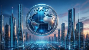 Encom Globe Over City